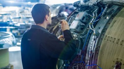 Aircraft,Maintenance,Mechanic,Inspecting,With,Flashlight,Airplane,Jet,Engine,In